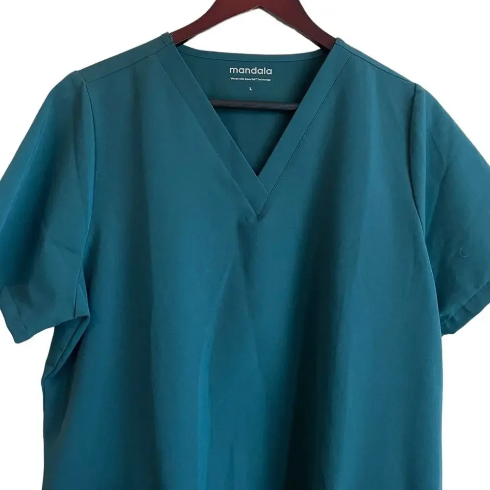 Mandala Women Scrub Top L Dark Green Casual Soft‎ Medical Uniform Nurse Workwear